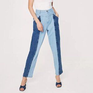 Nasty Gal Collection Jeans Two Tone Denim Mom Jeans. Light/Dark Blue. Size 10